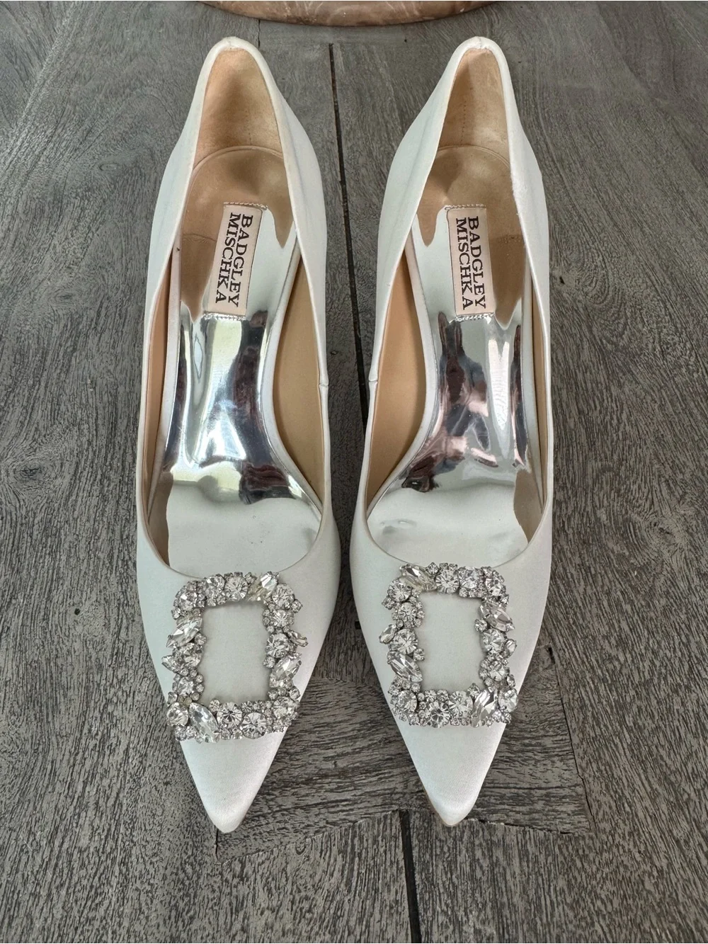 Badgley Mischka Ivory Satin Pointed Toe Heels with Crystal Buckle